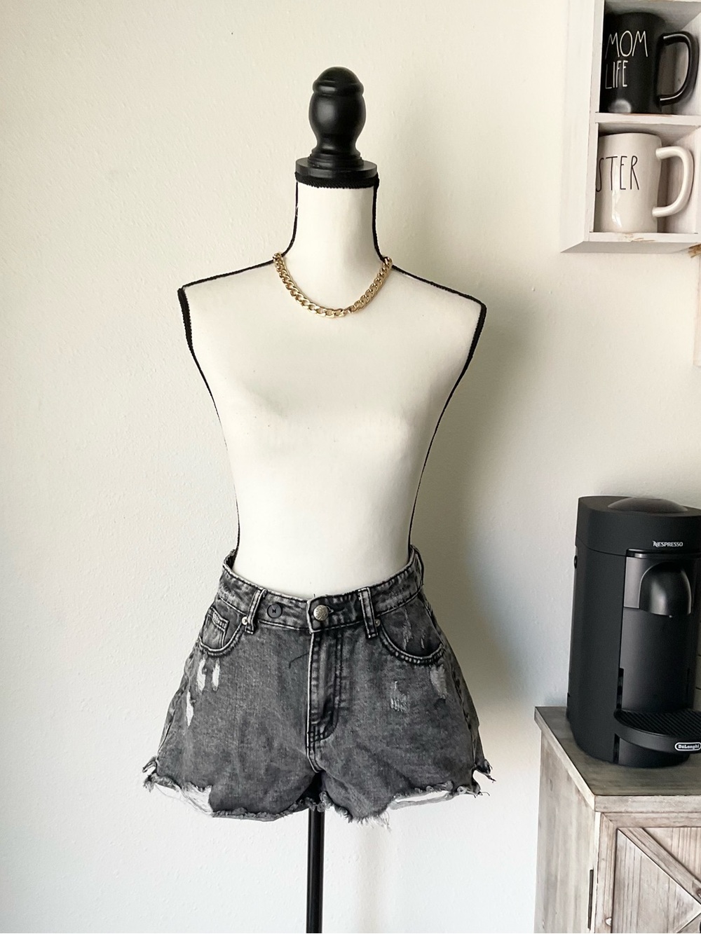 High-Rise Washed Black Distressed Denim Shorts
